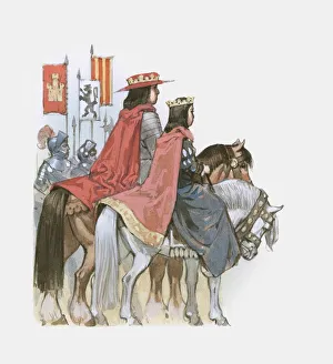 Illustration of Ferdinand II of Aragon and Queen Isabella I of Castille on horseback Illustration of Ferdinand II of Aragon and Queen Isabella I of Castille on horseback