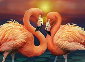 <b class=qtipBold><figcaption>Illustration of Flamingos</figcaption></b><br>Colorful illustration of two Flamingos making heart shape with sunset and water in background.<br><em>© Copyright 2012 Shannon Posedenti</em> Illustration of Flamingos