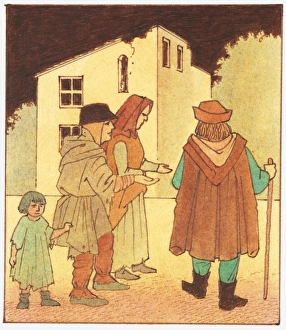Illustration of French peasants begging for food during from wealthy man during Hundred Illustration of French peasants begging for food during from wealthy man during Hundred