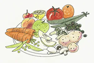 Illustration of fruit and vegetable, including mushrooms, beans, carrots, potatoes Illustration of fruit and vegetable, including mushrooms, beans, carrots, potatoes