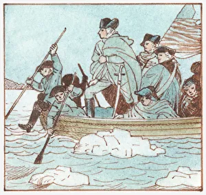 Illustration of George Washington in boat crossing the Delaware River to defeat the Illustration of George Washington in boat crossing the Delaware River to defeat the