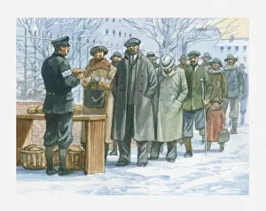 Illustration of German people queuing to collect handouts of free food in the 1930s Illustration of German people queuing to collect handouts of free food in the 1930s