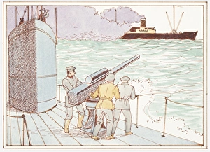 Illustration of German sailors on board submarine firing weapon at American warship in Illustration of German sailors on board submarine firing weapon at American warship in