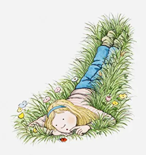 Illustration of girl lying in the grass looking at a ladybrid Illustration of girl lying in the grass looking at a ladybrid