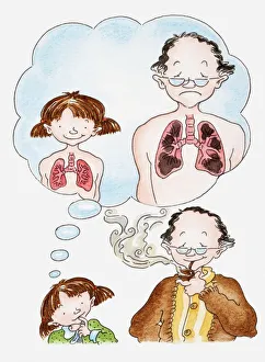 Illustration of a girl next to man smoking a pipe, thought bubble showing healthy lung Illustration of a girl next to man smoking a pipe, thought bubble showing healthy lung