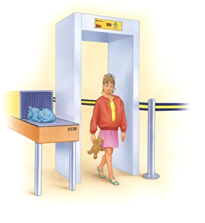 Illustration of girl walking through metal detector holding teddy bear Illustration of girl walking through metal detector holding teddy bear