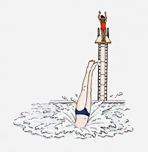 Illustration of girls diving head-first into a pool from a diving board Illustration of girls diving head-first into a pool from a diving board