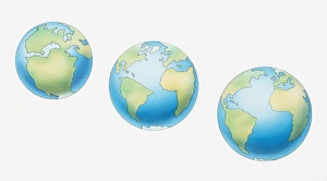 Illustration of three globes and development of continents, 200 million years ago Illustration of three globes and development of continents, 200 million years ago