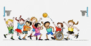 Illustration of a group of children including a child in a wheelchair playing basketball Illustration of a group of children including a child in a wheelchair playing basketball