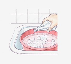 Illustration of a hand adding a little vinegar to a washing-up bowl containing glasses in order to cut through grease Illustration of a hand adding a little vinegar to a washing-up bowl containing glasses in order to cut through grease