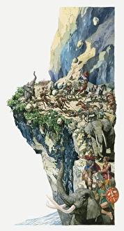 Illustration of Hannibal and his men crosses the alps with elephants and horses Illustration of Hannibal and his men crosses the alps with elephants and horses