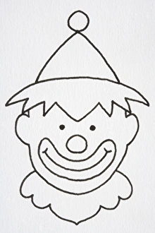 Illustration, head of smiling clown in cone hat Illustration, head of smiling clown in cone hat