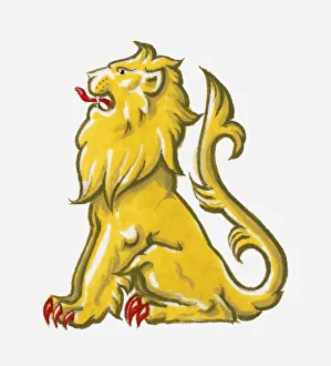 Illustration of heraldic symbol of lion sejant representing courage Illustration of heraldic symbol of lion sejant representing courage