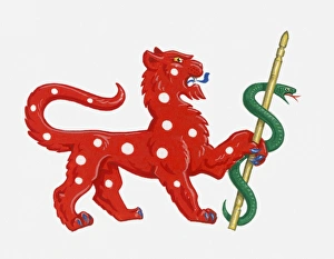 Illustration of heraldic symbol of red spotted lion holding green snake representing Illustration of heraldic symbol of red spotted lion holding green snake representing