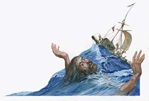 Illustration of Herman Watzinger almost drowning in rough sea near Kon-Tiki raft Illustration of Herman Watzinger almost drowning in rough sea near Kon-Tiki raft