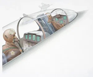 Illustration of inside view of F15 cockpit, navigator sitting behind pilot, wearing anti-gravity suits Illustration of inside view of F15 cockpit, navigator sitting behind pilot, wearing anti-gravity suits