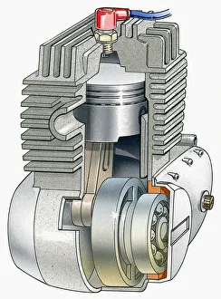 Illustration of internal combustion engine with cross section showing piston and crank Illustration of internal combustion engine with cross section showing piston and crank