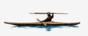 Illustration of Inuit man in kayak holding spear above head Illustration of Inuit man in kayak holding spear above head