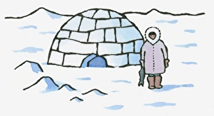 Illustration of Inuit standing outside igloo holding fish Illustration of Inuit standing outside igloo holding fish