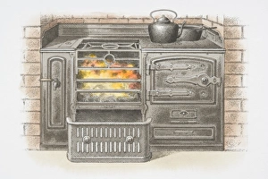Illustration, iron kitchen stove burning coal Illustration, iron kitchen stove burning coal