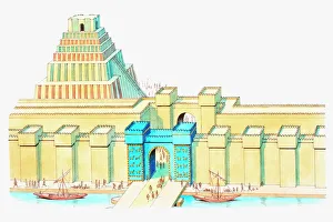 Illustration of Ishtar Gate and Ziggurat in ancient city of Babylon Illustration of Ishtar Gate and Ziggurat in ancient city of Babylon