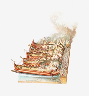 Illustration of Julius Caesar setting fire to Egyptian ships moored in the Great Harbour Illustration of Julius Caesar setting fire to Egyptian ships moored in the Great Harbour