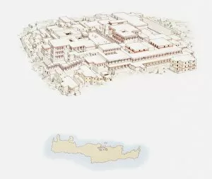 Illustration of Knossos Palace and simple map of Crete