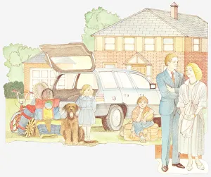Illustration of late 20th century family outside house with two children, dog and car Illustration of late 20th century family outside house with two children, dog and car