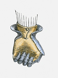 Illustration of leather gloved hand wearing gauntlet plates Illustration of leather gloved hand wearing gauntlet plates