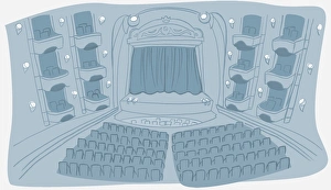 Illustration in light blue, theatre, indoor view of auditorium including stalls and boxes Illustration in light blue, theatre, indoor view of auditorium including stalls and boxes
