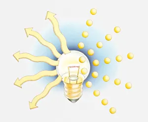 Illustration of light bulb creating light in a stream of tiny photons acting as waves Illustration of light bulb creating light in a stream of tiny photons acting as waves