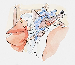 Illustration of Little Red Riding Hood standing by the wolfs bedside Illustration of Little Red Riding Hood standing by the wolfs bedside