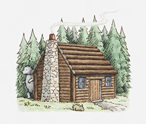 Illustration of log cabin with a bear emerging form the woods and rabbit on the front lawn Illustration of log cabin with a bear emerging form the woods and rabbit on the front lawn