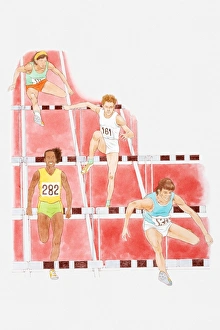 Illustration of male athletes hurdling in race Illustration of male athletes hurdling in race