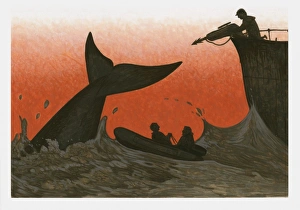 Illustration of man aiming harpoon at whale in sea next to people in small boat set Illustration of man aiming harpoon at whale in sea next to people in small boat set