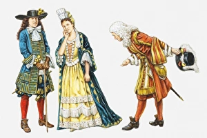 Illustration of man bowing to 17th century Stuart nobleman and woman Illustration of man bowing to 17th century Stuart nobleman and woman