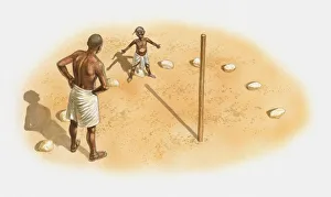 Illustration of man and boy standing at an early sundial, using a stick known as gnomon Illustration of man and boy standing at an early sundial, using a stick known as gnomon