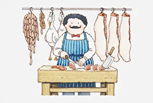 Illustration of a man in butchers shop chopping meat Illustration of a man in butchers shop chopping meat