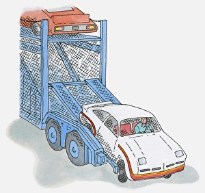 Illustration of man driving car off car transporter Illustration of man driving car off car transporter