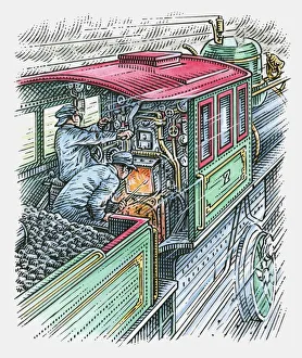 Illustration of man driving train as another stokes the engine Illustration of man driving train as another stokes the engine