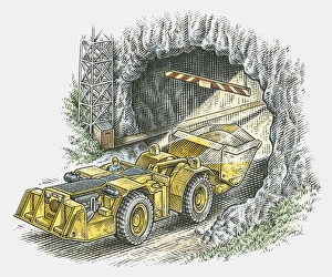 Illustration of man driving tunnel loader into tunnel Illustration of man driving tunnel loader into tunnel