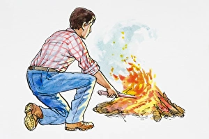Illustration of man kneeing down to stoke bonfire with stick Illustration of man kneeing down to stoke bonfire with stick