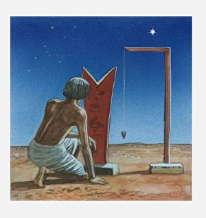 Illustration of man kneeling next to two tools called merkhets, lined up with the stars to tell the time at night Illustration of man kneeling next to two tools called merkhets, lined up with the stars to tell the time at night