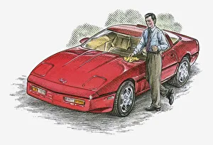 Illustration of man polishing red sports car Illustration of man polishing red sports car