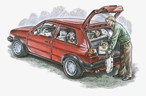 Illustration of man putting groceries in hatchback car Illustration of man putting groceries in hatchback car