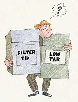 Illustration of man with question mark above head holding two oversized filter tip Illustration of man with question mark above head holding two oversized filter tip