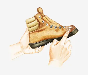 Illustration of man repairing scuff on hiking boot Illustration of man repairing scuff on hiking boot