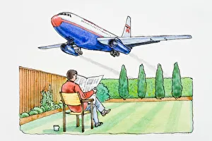 Illustration of man sitting in chair on lawn in garden reading newspaper as commercial airliner flies low above Illustration of man sitting in chair on lawn in garden reading newspaper as commercial airliner flies low above