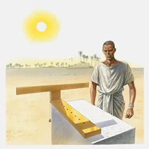 Illustration of man standing next to a t-shaped sundial, Ancient Egypt Illustration of man standing next to a t-shaped sundial, Ancient Egypt