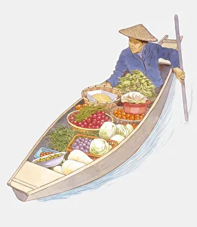 Illustration of man steering floating market boat Illustration of man steering floating market boat